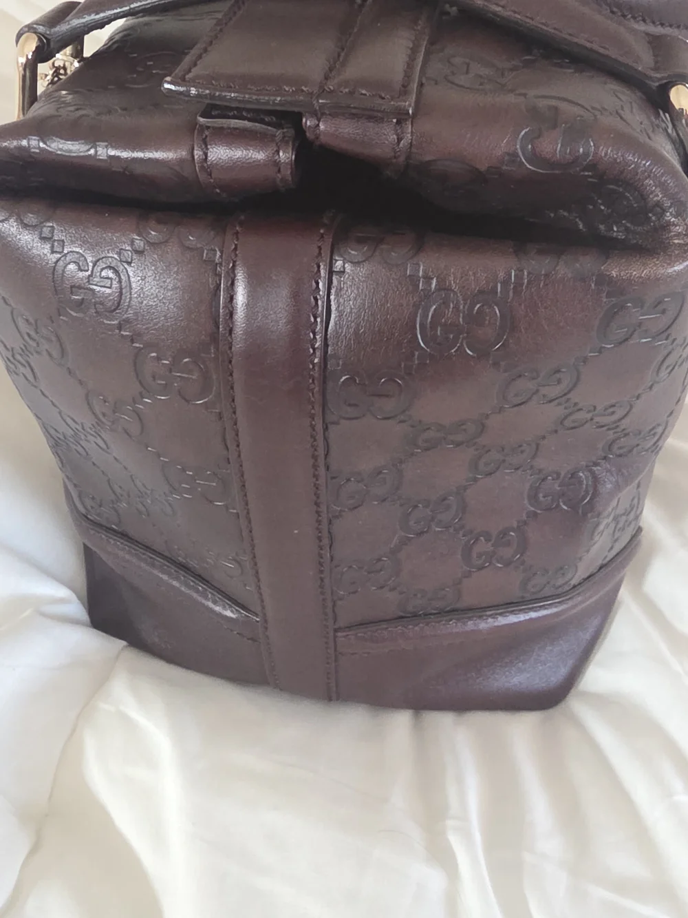 Gucci Dark Brown Embossed Leather Satchel with Gold Chain Detail